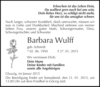 Traueranzeige von Barbara Wulff von Mitteldeutsche Zeitung Köthen