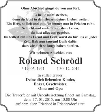 Traueranzeige von Roland Schrödl von WVG - Wochenspiegel Bitterfeld