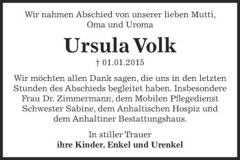 Traueranzeige von Ursula Volk von WVG - Wochenspiegel Dessau / Köthen