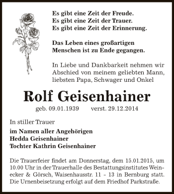 Traueranzeige von Rolf Geisenhainer von Super Sonntag Bernburg