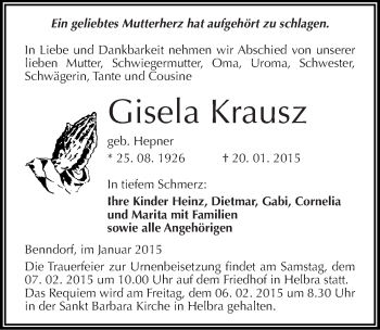 Traueranzeige von Gisela Krausz von Mitteldeutsche Zeitung Mansfelder Land