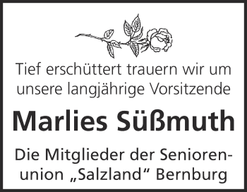 Traueranzeige von Marlies Süßmuth von Super Sonntag Bernburg