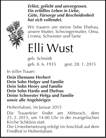 Traueranzeige von Elli Wust von Mitteldeutsche Zeitung Wittenberg