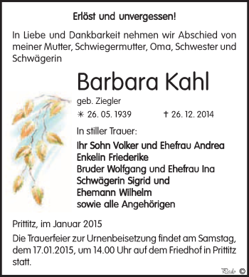 Traueranzeige von Barbara Kahl von WVG - Wochenspiegel NMB / WSF / ZTZ