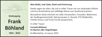 Traueranzeige von Frank Böhland von WVG - Wochenspiegel NMB / WSF / ZTZ