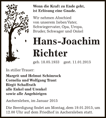 Traueranzeige von Hans-Joachim Richter von Super Sonntag Aschersleben