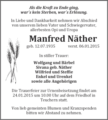 Traueranzeige von Manfred Näther von WVG - Wochenspiegel NMB / WSF / ZTZ