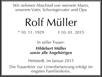 Traueranzeige von Rolf Müller von Mitteldeutsche Zeitung Mansfelder Land