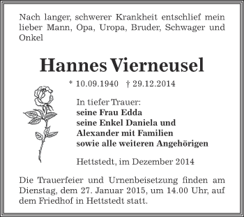 Traueranzeige von Hannes Vierneusel von Wochenspiegel Mansfelder Land