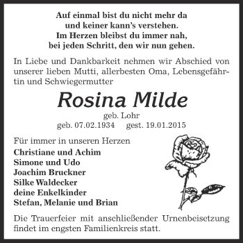 Traueranzeige von Rosina Milde von Super Sonntag SGH Mansf. Land