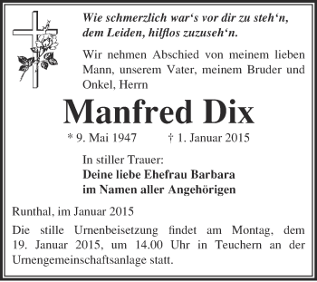 Traueranzeige von Manfred Dix von WVG - Wochenspiegel NMB / WSF / ZTZ