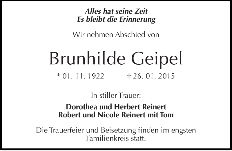  Traueranzeige für Brunhilde Geipel vom 31.01.2015 aus Mitteldeutsche Zeitung Halle/Saalkreis