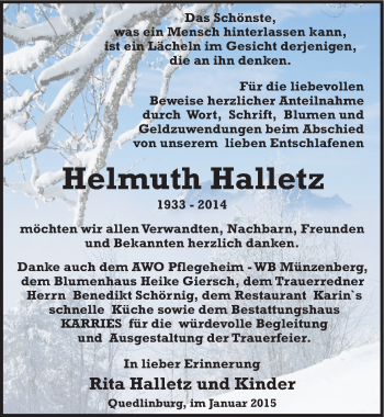 Traueranzeige von Helmuth Halletz von Mitteldeutsche Zeitung Quedlinburg