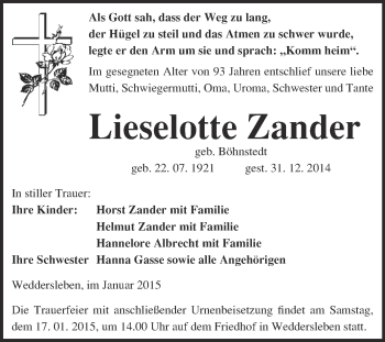 Traueranzeige von Lieselotte Zander von WVG - Wochenspiegel Quedlinburg