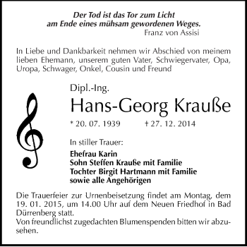 Traueranzeige von Hans-Georg Krauße von WVG - Wochenspiegel Merseburg