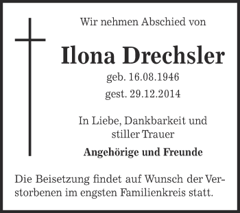 Traueranzeige von Ilona Drechsler von WVG - Wochenspiegel Dessau / Köthen