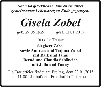 Traueranzeige von Gisela Zobel von Mitteldeutsche Zeitung Quedlinburg