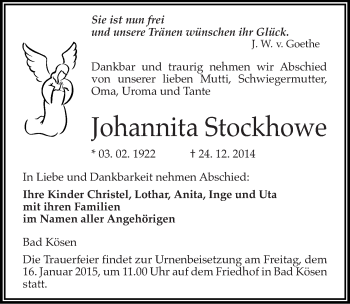 Traueranzeige von Johannita Stockhowe von Mitteldeutsche Zeitung Naumburg/Nebra