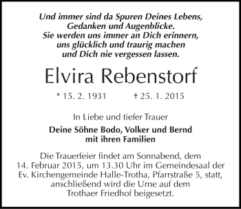 Traueranzeige von Elvira Rebenstorf von Mitteldeutsche Zeitung Halle/Saalkreis