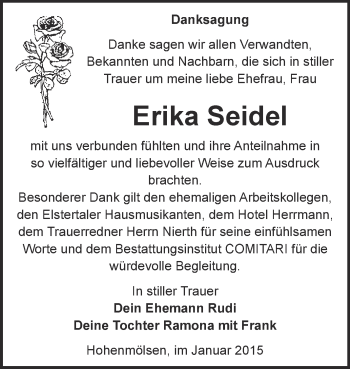 Traueranzeige von Erika Seidel von WVG - Wochenspiegel NMB / WSF / ZTZ