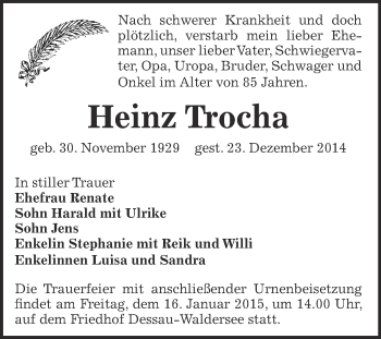 Traueranzeige von Heinz Trocha von WVG - Wochenspiegel Dessau / Köthen