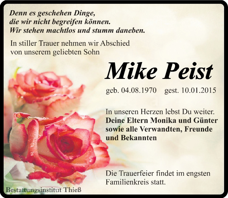  Traueranzeige für Mike Peist vom 17.01.2015 aus Mitteldeutsche Zeitung Quedlinburg