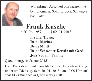 Traueranzeige von Frank Kusche von WVG - Wochenspiegel Quedlinburg