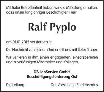 Traueranzeige von Ralf Pyplo von Super Sonntag Merseburg