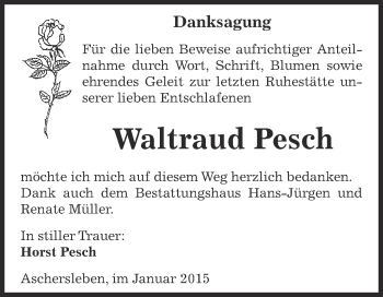 Traueranzeige von Waltraud Pesch von Super Sonntag Aschersleben