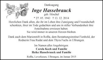 Traueranzeige von Inge Hassebrauck von Super Sonntag SGH Mansf. Land