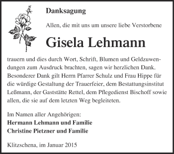 Traueranzeige von Gisela Lehmann von WVG - Wochenspiegel Wittenberg