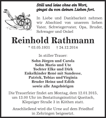 Traueranzeige von Reinhold Rathmann von WVG - Wochenspiegel Dessau / Köthen