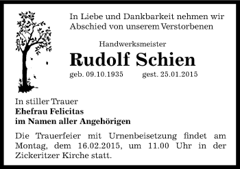 Traueranzeige von Rudolf Schien von Mitteldeutsche Zeitung Bernburg