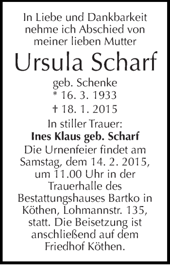 Traueranzeige von Ursula Scharf von Mitteldeutsche Zeitung Köthen