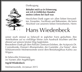 Traueranzeige von Hans Wiedenbeck von Mitteldeutsche Zeitung