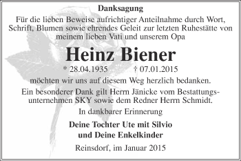 Traueranzeige von Heinz Biener von Super Sonntag Wittenberg