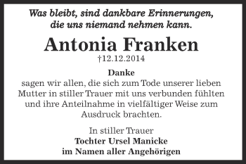 Traueranzeige von Antonia Franken von Super Sonntag Bernburg