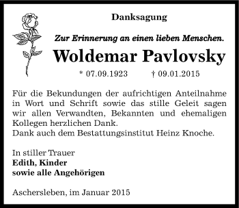 Traueranzeige von Woldemar Pavlovsky von Mitteldeutsche Zeitung Aschersleben