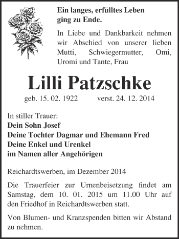 Traueranzeige von Lilli Patzschke von WVG - Wochenspiegel NMB / WSF / ZTZ