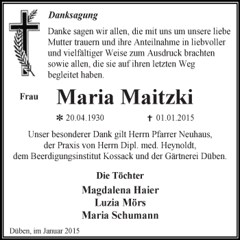 Traueranzeige von Maria Maitzki von WVG - Wochenspiegel Dessau / Köthen