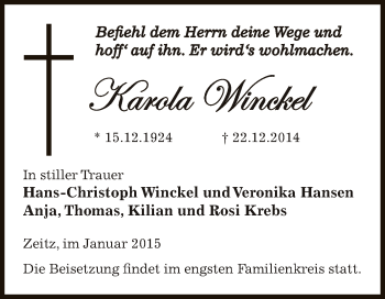 Traueranzeige von Karola Winckel von Super Sonntag Zeitz