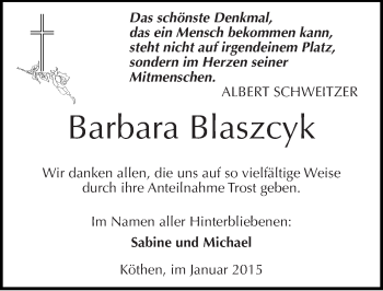 Traueranzeige von Barbara Blaszcyk von Mitteldeutsche Zeitung Köthen