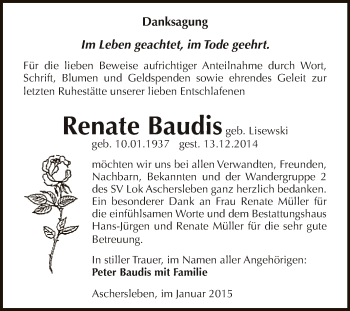 Traueranzeige von Renate Baudis von Super Sonntag Aschersleben