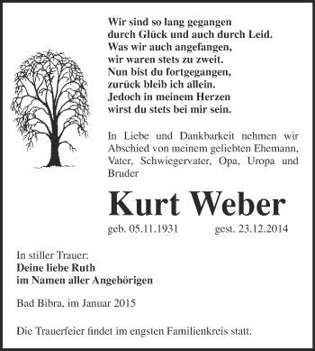 Traueranzeige von Kurt Weber von WVG - Wochenspiegel NMB / WSF / ZTZ