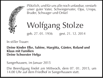 Traueranzeige von Wolfgang Stolze von Mitteldeutsche Zeitung Sangerhausen