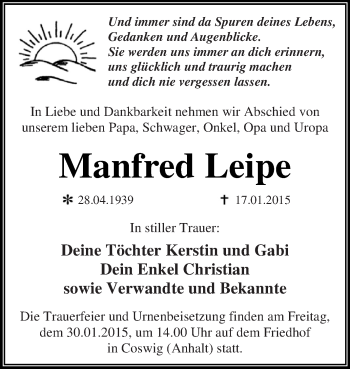 Traueranzeige von Manfred Leipe von WVG - Wochenspiegel Dessau / Köthen