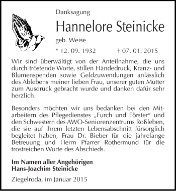Traueranzeige von Hannelore Steinicke von Mitteldeutsche Zeitung Merseburg/Querfurt