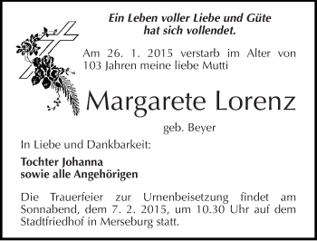 Traueranzeige von Margarete Lorenz von Mitteldeutsche Zeitung Merseburg/Querfurt