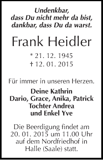 Traueranzeige von Frank Heidler von Mitteldeutsche Zeitung Halle/Saalkreis
