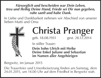 Traueranzeige von Christa Pranger von WVG - Wochenspiegel Wittenberg